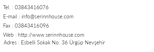 Serinn House telefon numaralar, faks, e-mail, posta adresi ve iletiim bilgileri